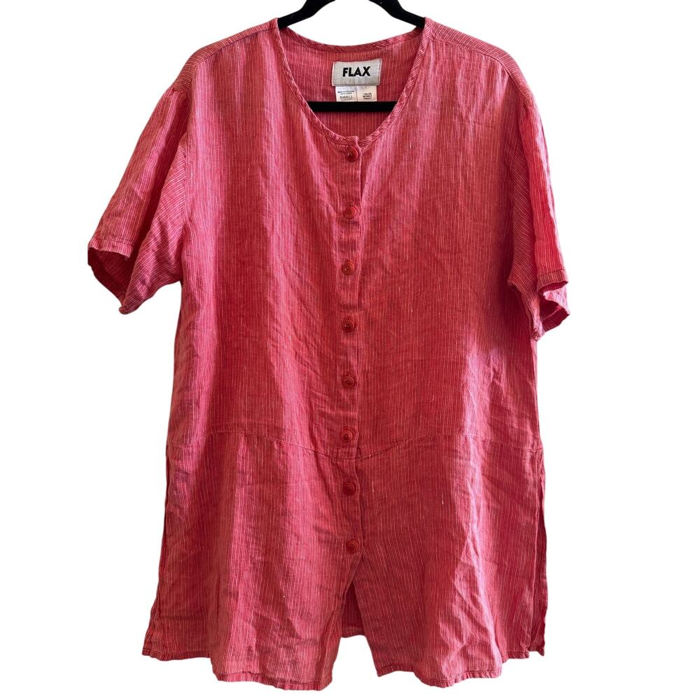 FLAX Short Sleeve Tunic Linen Red Pink Oversized Small Boho Coastal Chic